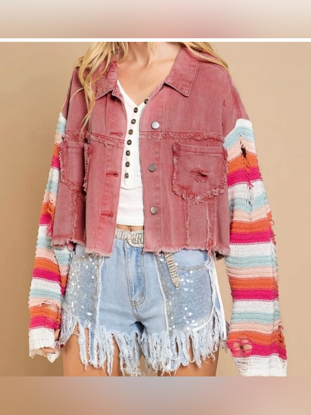 POL Cropped Rose Denim Jacket with Multicolor Striped Knit Sleeves M